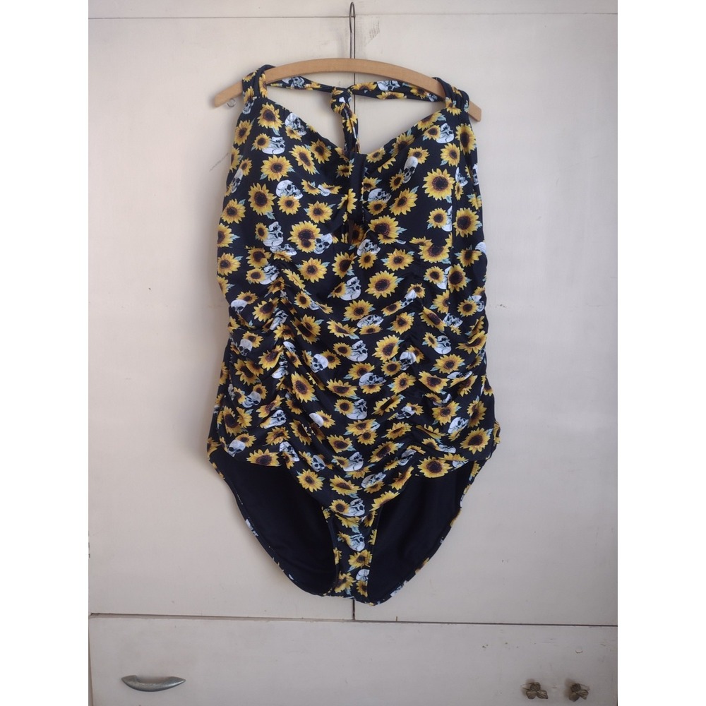 Hot Topic One Piece Bathing Suit Sz 5 Sunflowers Skulls Halter Black Yellow Swim